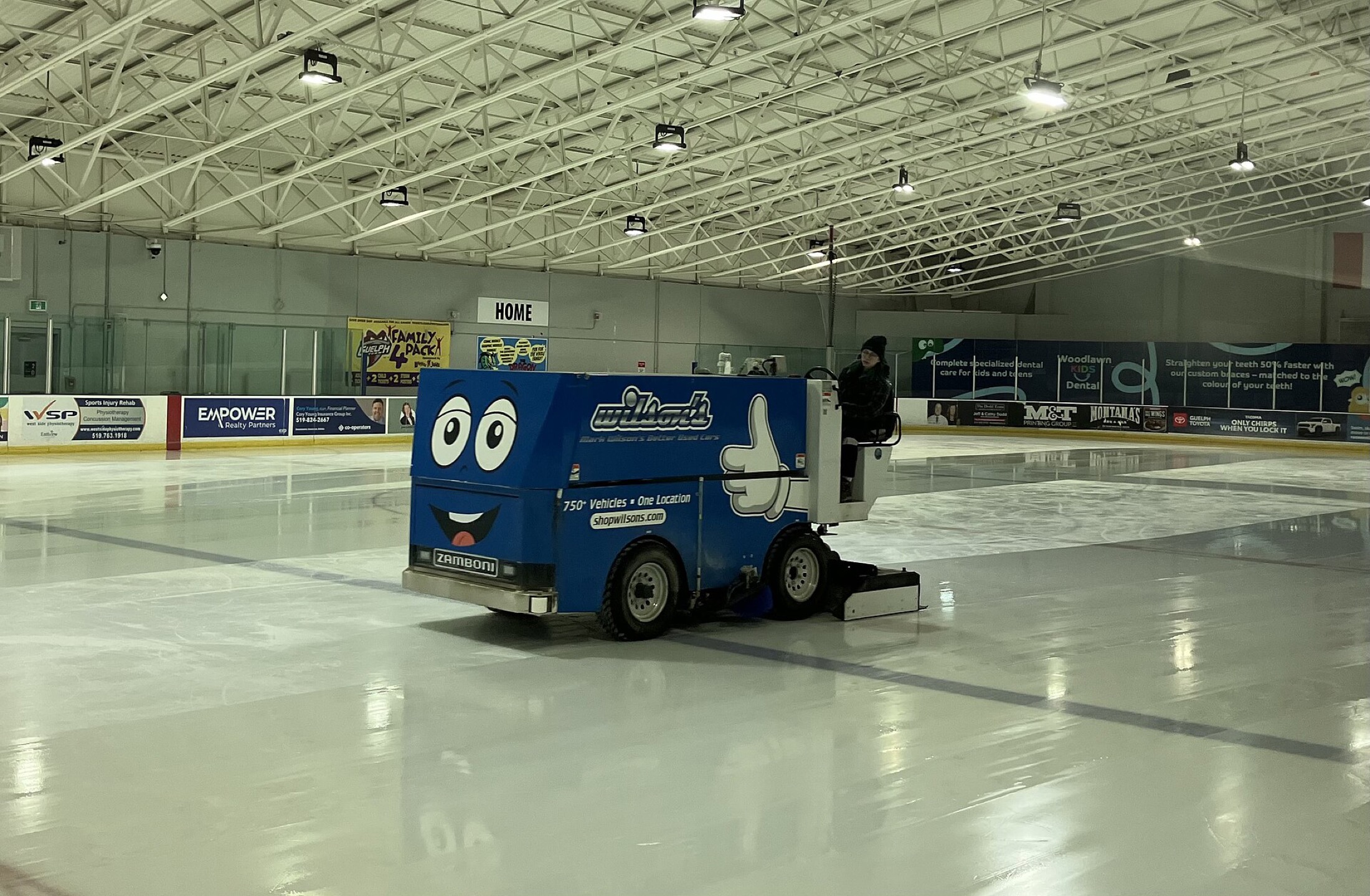Ice resurfacing machine on a finished hockey rink